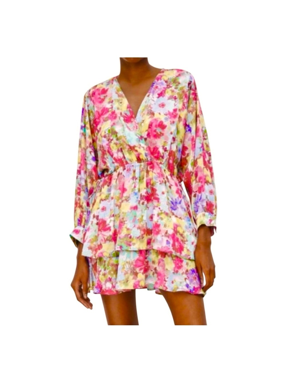Floral Pink Tiered Satin Robe Dress